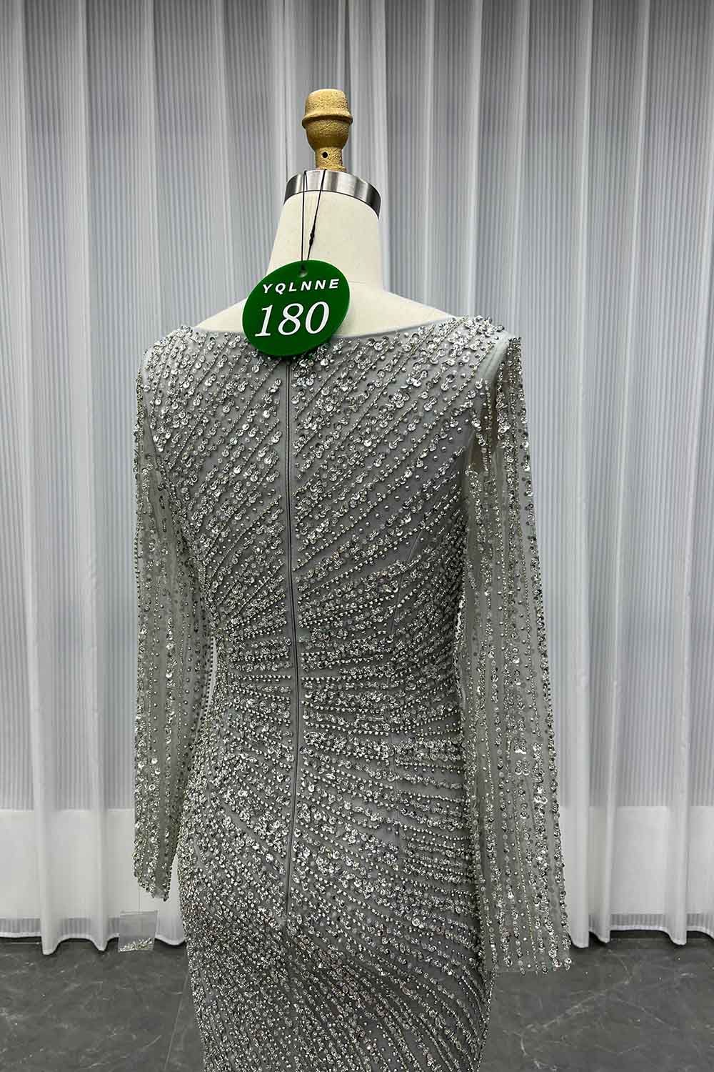 YQLNNE 0180 Silver Long Sleeves Evening Dress With Crystals Beaded