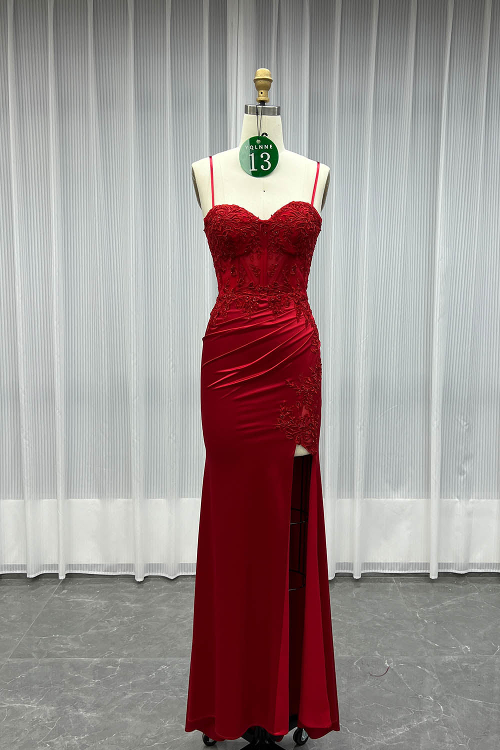 YQLNNE 013 Navy Embroidered Long Slit Prom Dresses
