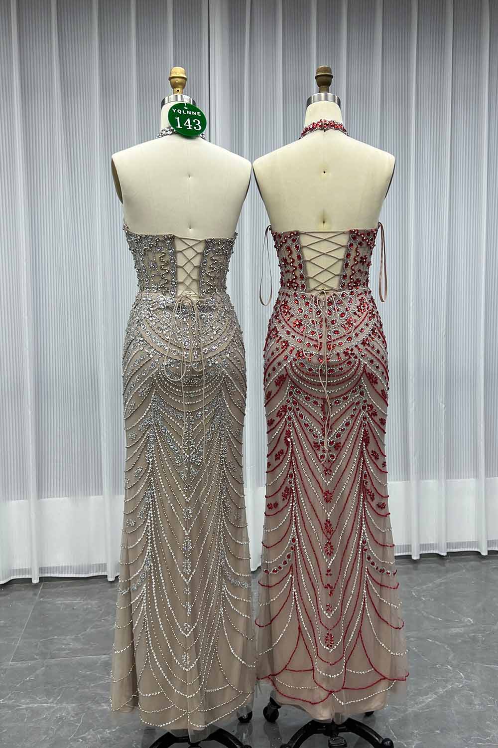 YQLNNE 0143 Red Crystals Beaded Evening Dress Halter Lace-up Back