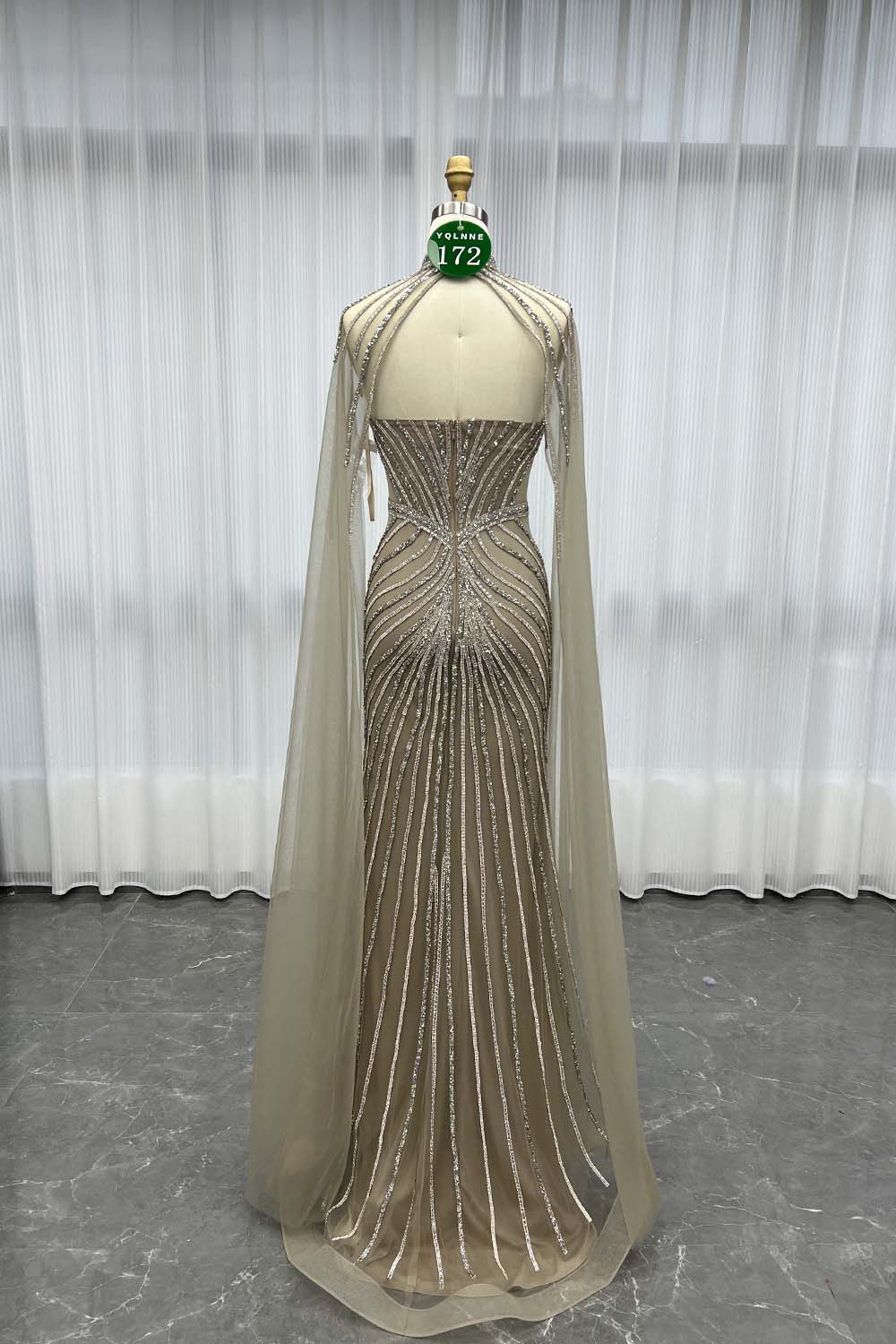 YQLNNE 0172 Blue Crystals Long Evening Dress With Shawl