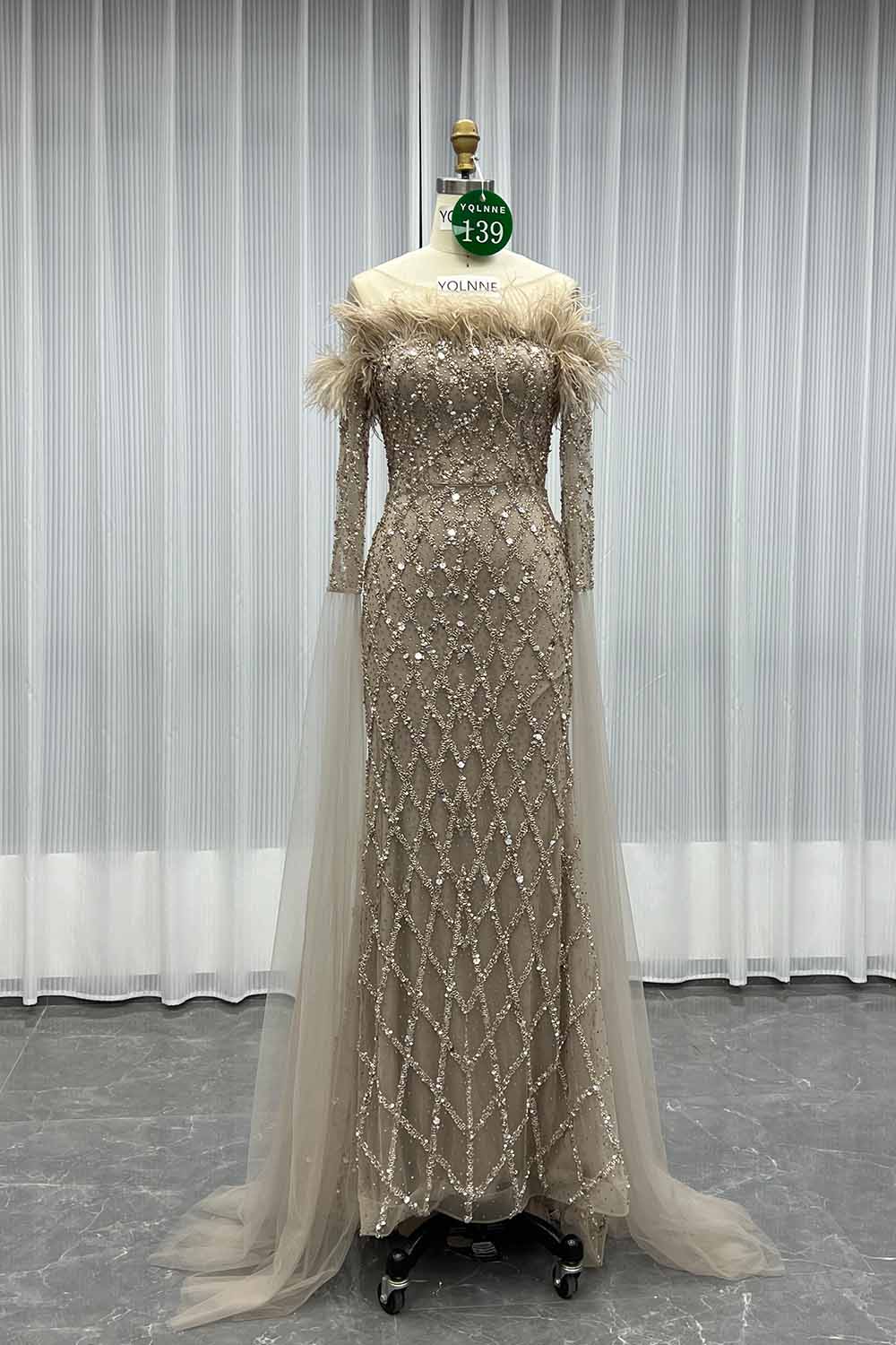 YQLNNE 0139 Nude Feathers Beaded Evening Dress With Sleeves