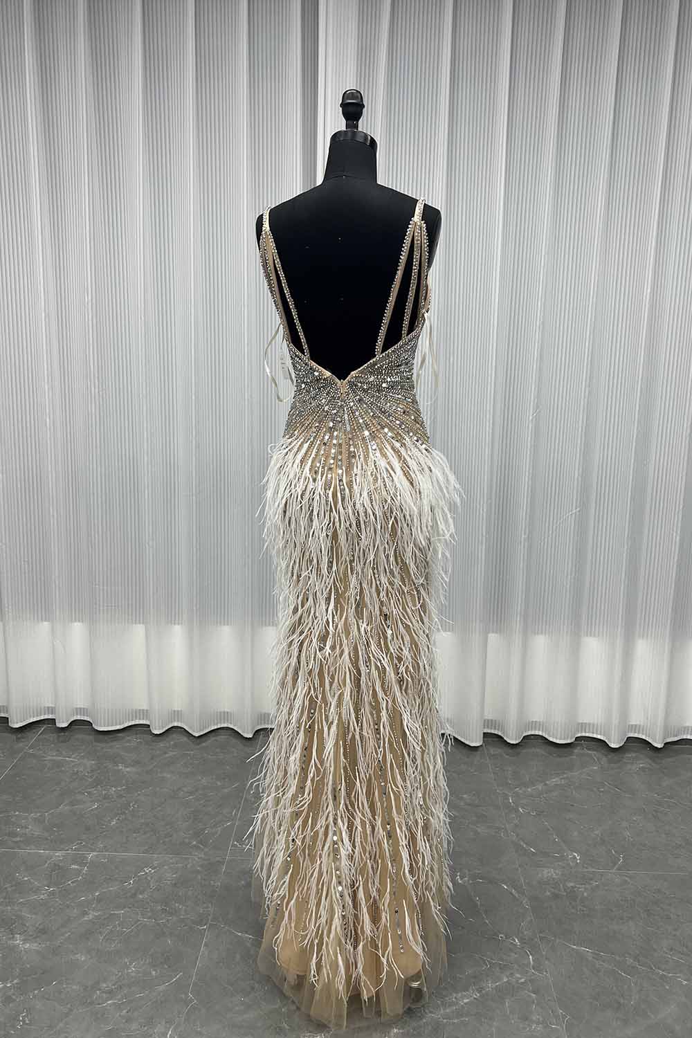 YQLNNE 043 Silver Nude Feathers Crystals Evening Dress Wedding Party Gown