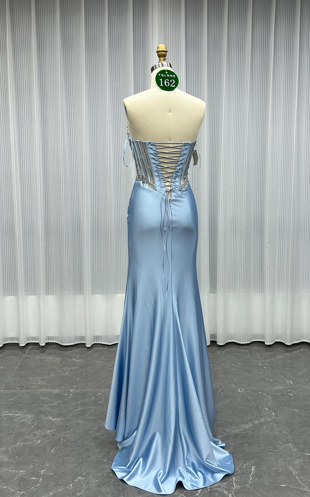 YQLNNE 0162 Blue Crystals Long Slit Prom Dress Satin Formal Gowns