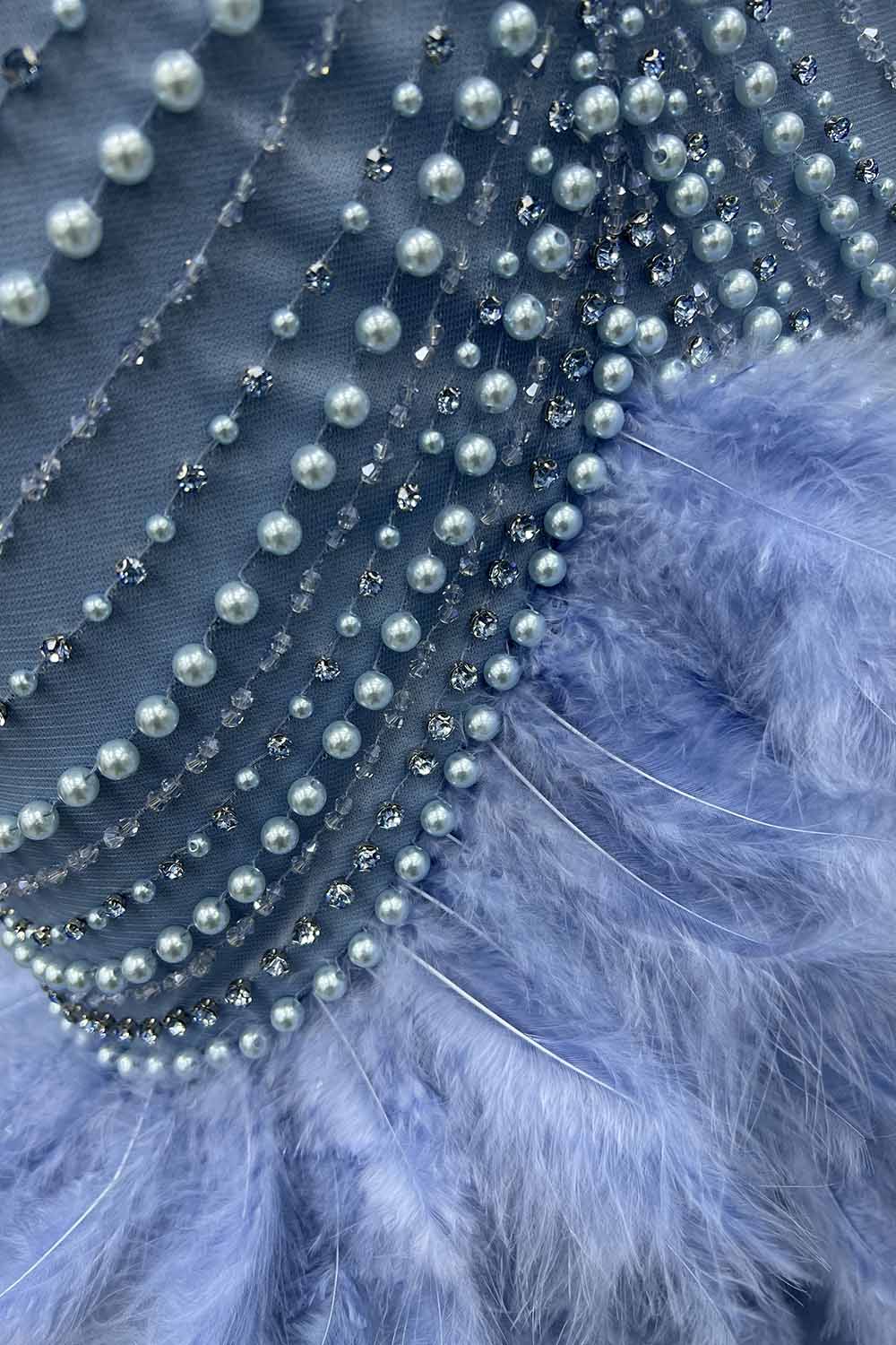 YQLNNE 045 Blue Feathers Crystals Evening Party Gown Mermaid Formal Dress