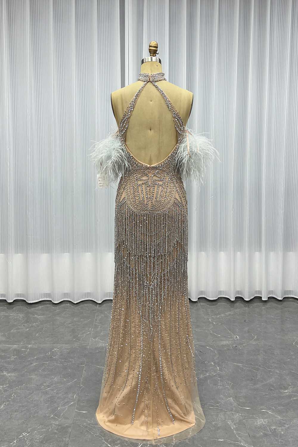 YQLNNE 035 Burgundy Feathers Slit Evening Dress With Handmade Crystals Beaded