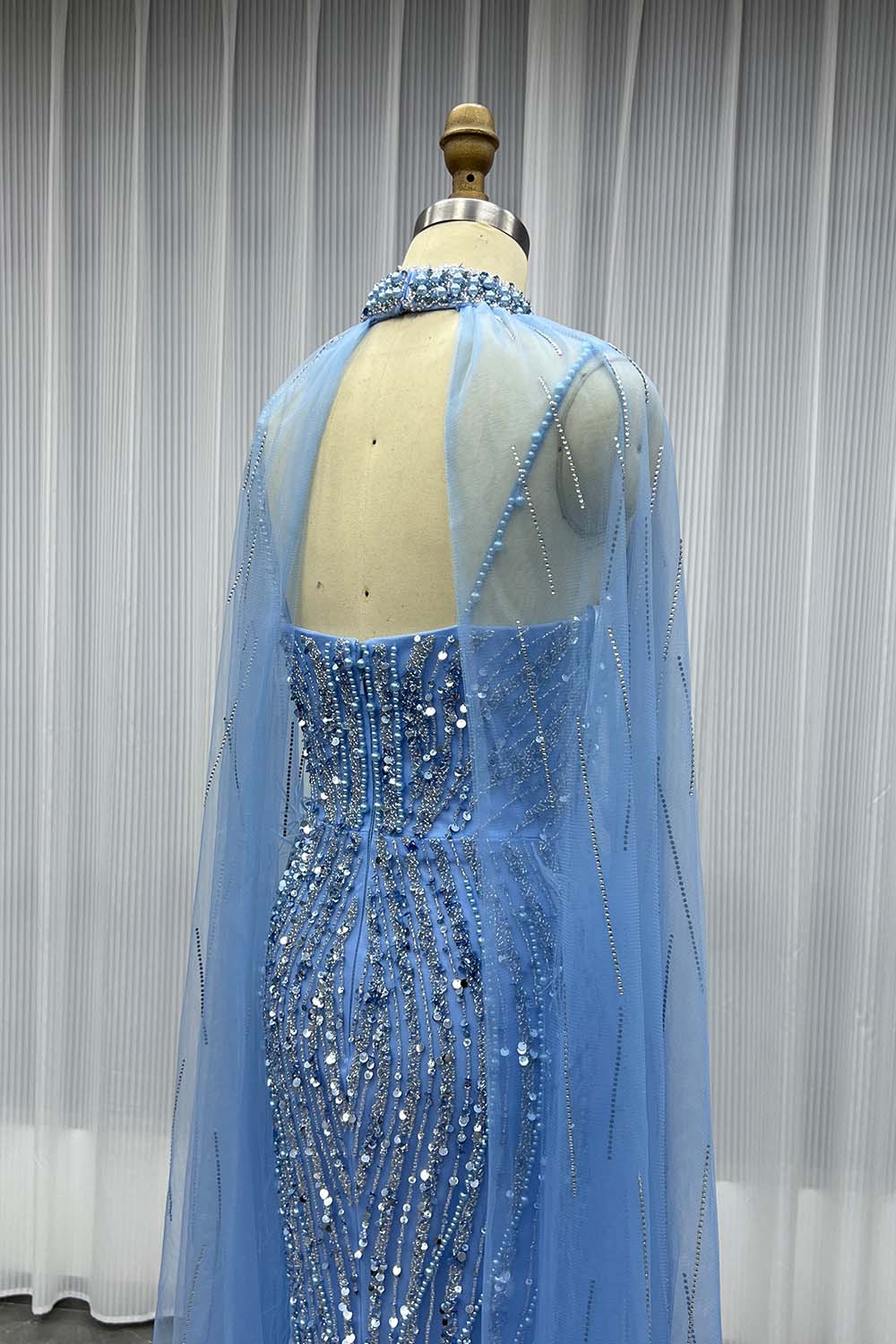 YQ082 Blue Feathers Evening Dress With Shawl Mid-Length
