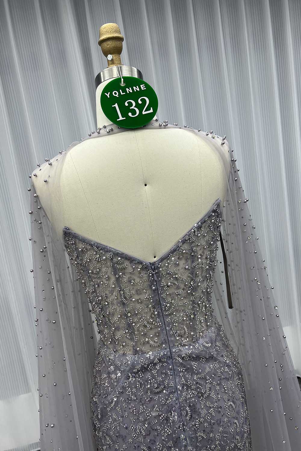 YQLNNE 0132 Dusty Lilac Pearls Beaded Evening Dress With Shawl