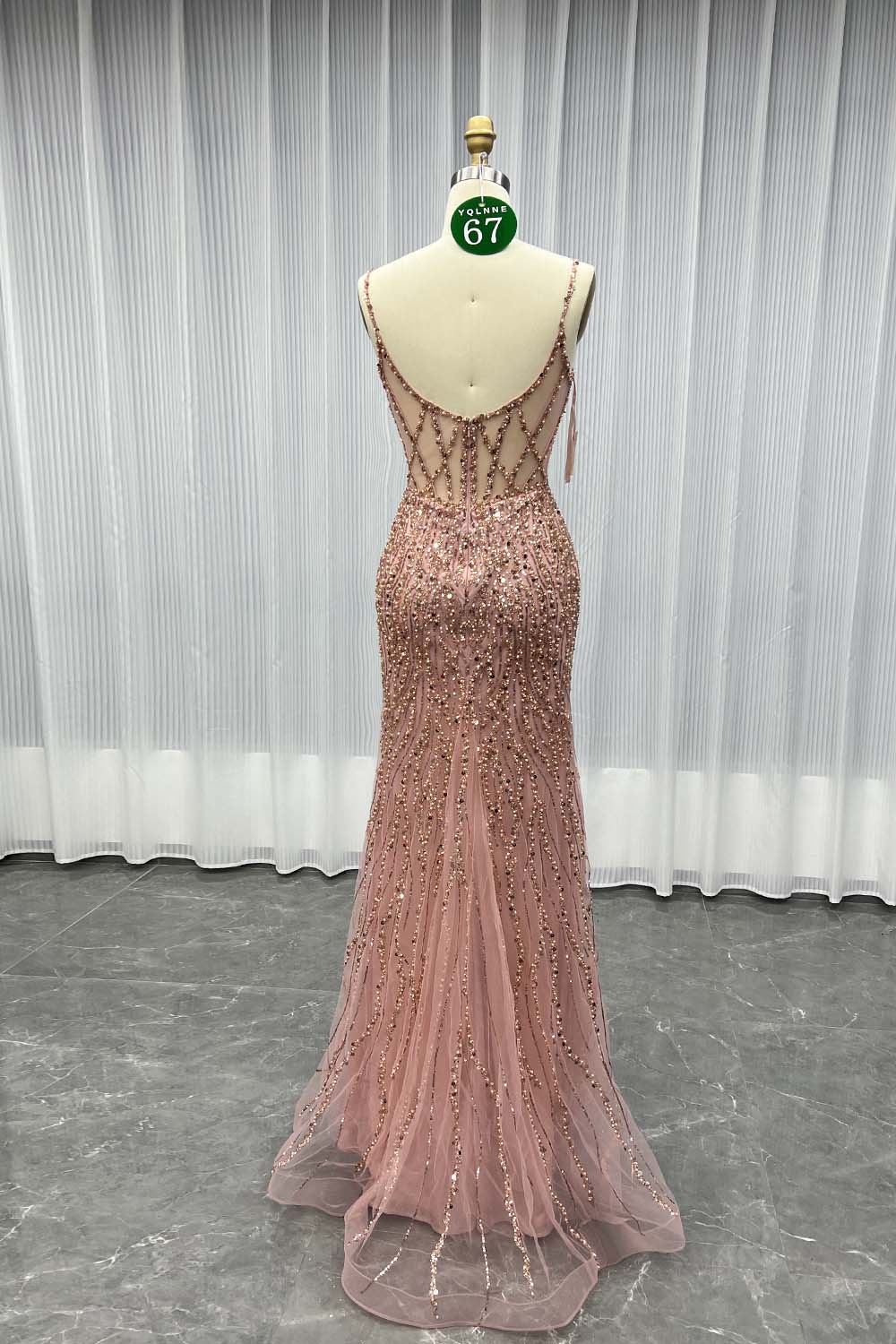 YQLNNE 067 Rose Gold Long Slit Prom Dress Mermaid Party Dress