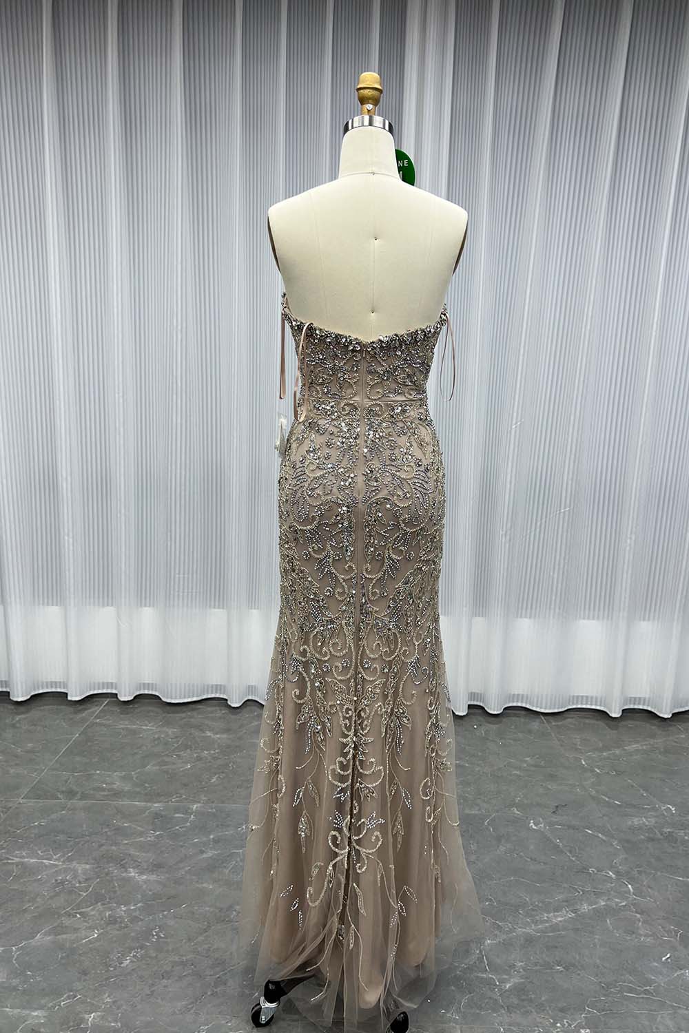 YQLNNE 064 Luxury Silver Nude Crystals Evening Dresses Long Mermaid Slit Tulle Beaded Formal Women Wedding Party Gown