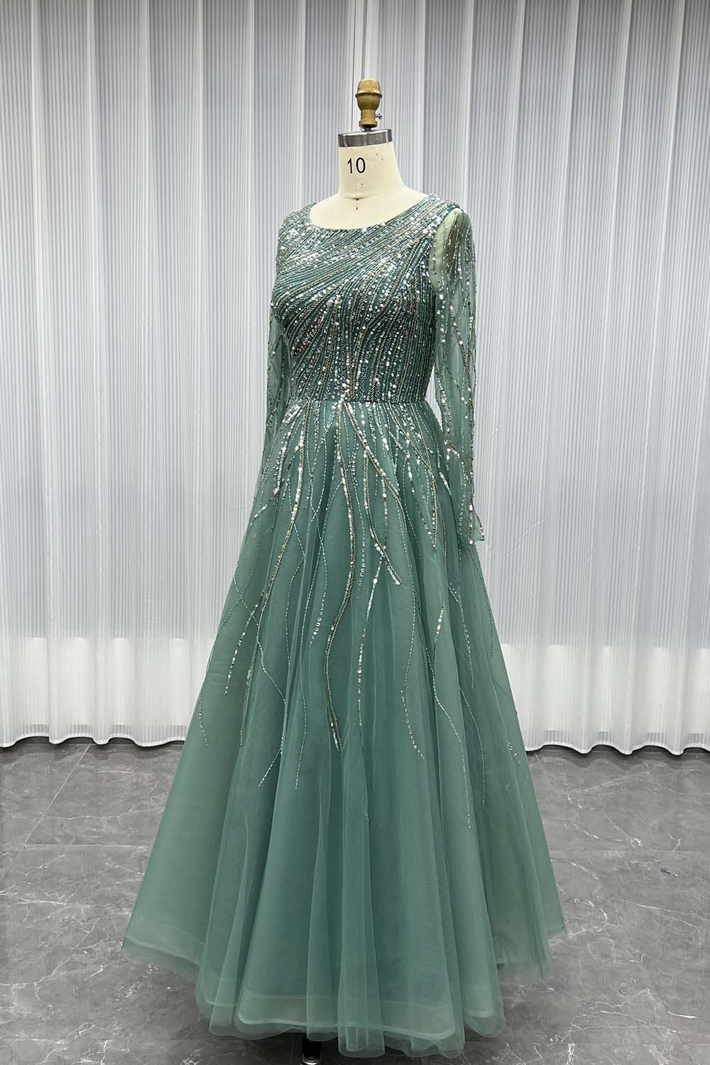 YQLNNE Modest Wine Red Handmade Beaded Evening Party Gown