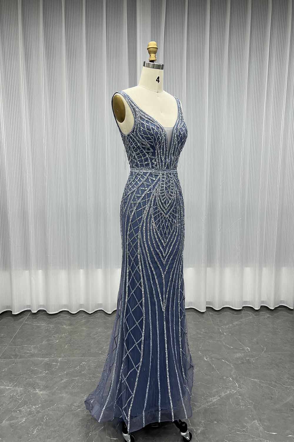YQLNNE 022 Silver Crystals Long Prom Dress Mermaid Formal Evening Gown