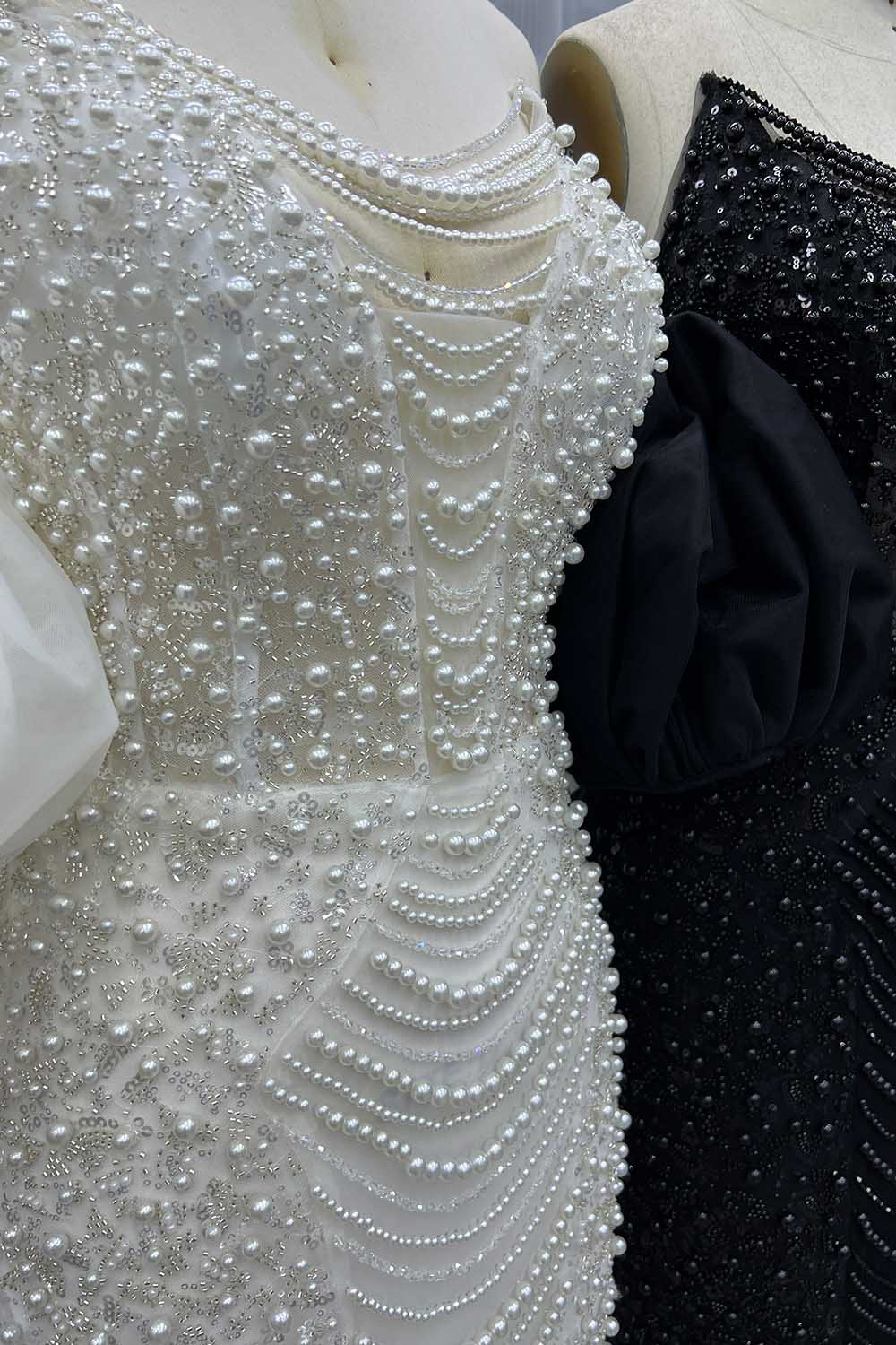 YQLNNE 0134 Black Strapless Beaded Pearls Evening Dress With Removable Sleeves
