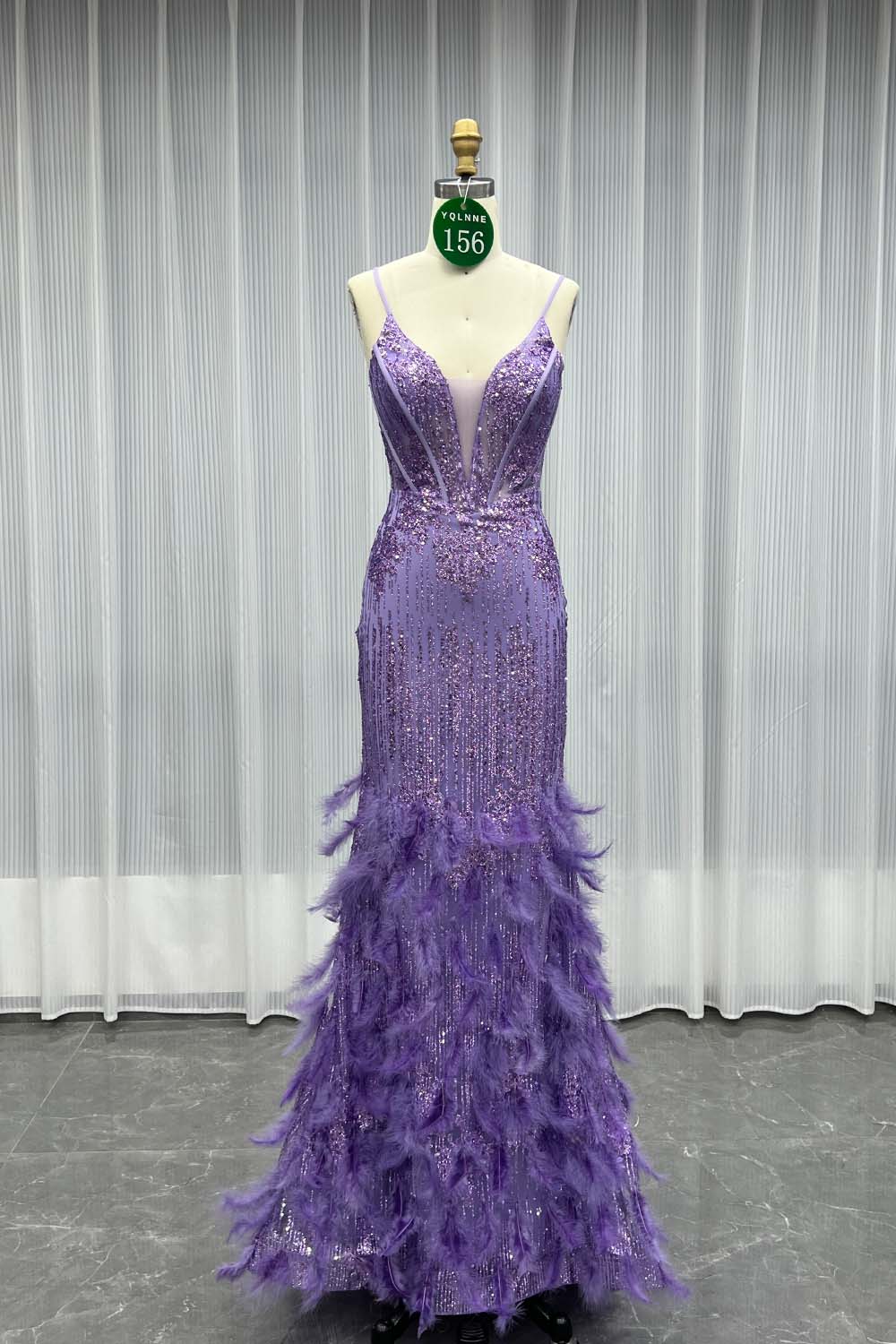 YQLNNE 0156 Sparkly Green Glitter Feathers Prom Dresses Lace-up Party Gown