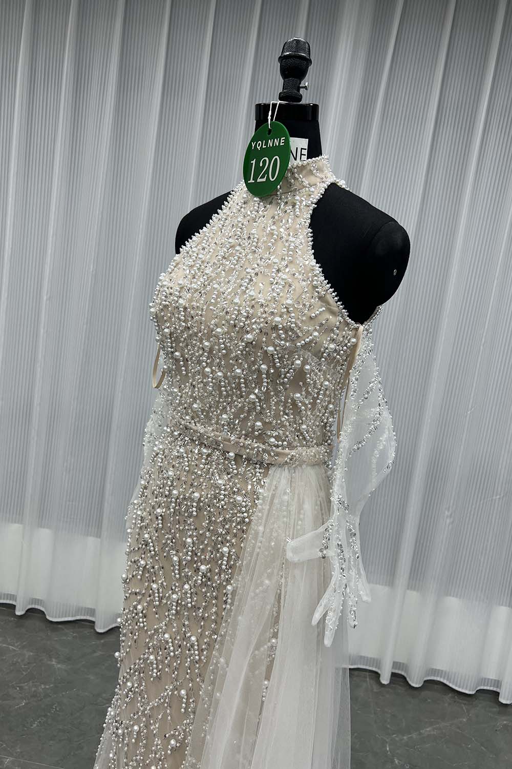 YQLNNE 0120 White Nude Pearls Beaded Evening Party Dress Wedding Gown