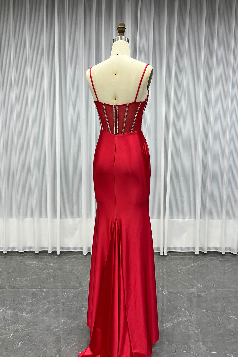 YQLNNE 015 Red Crystals Long Prom Dress Straps Satin Slit