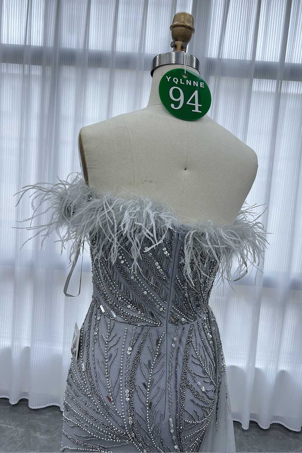 YQLNNE 094 Silver Feathers Beaded Evening Dress Formal Gowns With Removeable Skirt