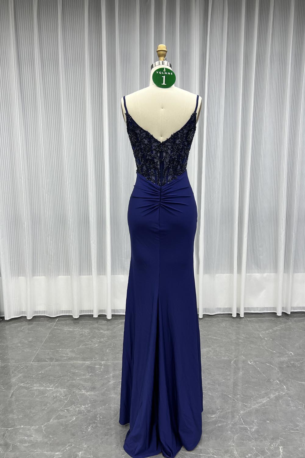 YQLNNE 01 Navy Spaghetti Long Slit Prom Dress With Beading