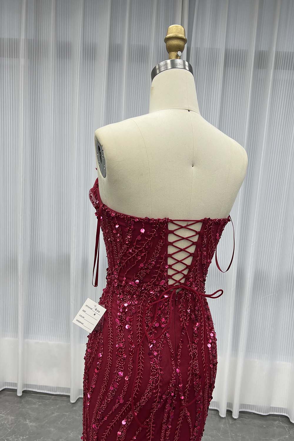 YQLNNE 040 Burgundy Corset Evening Dress Long Slit Handmade Beaded Gown