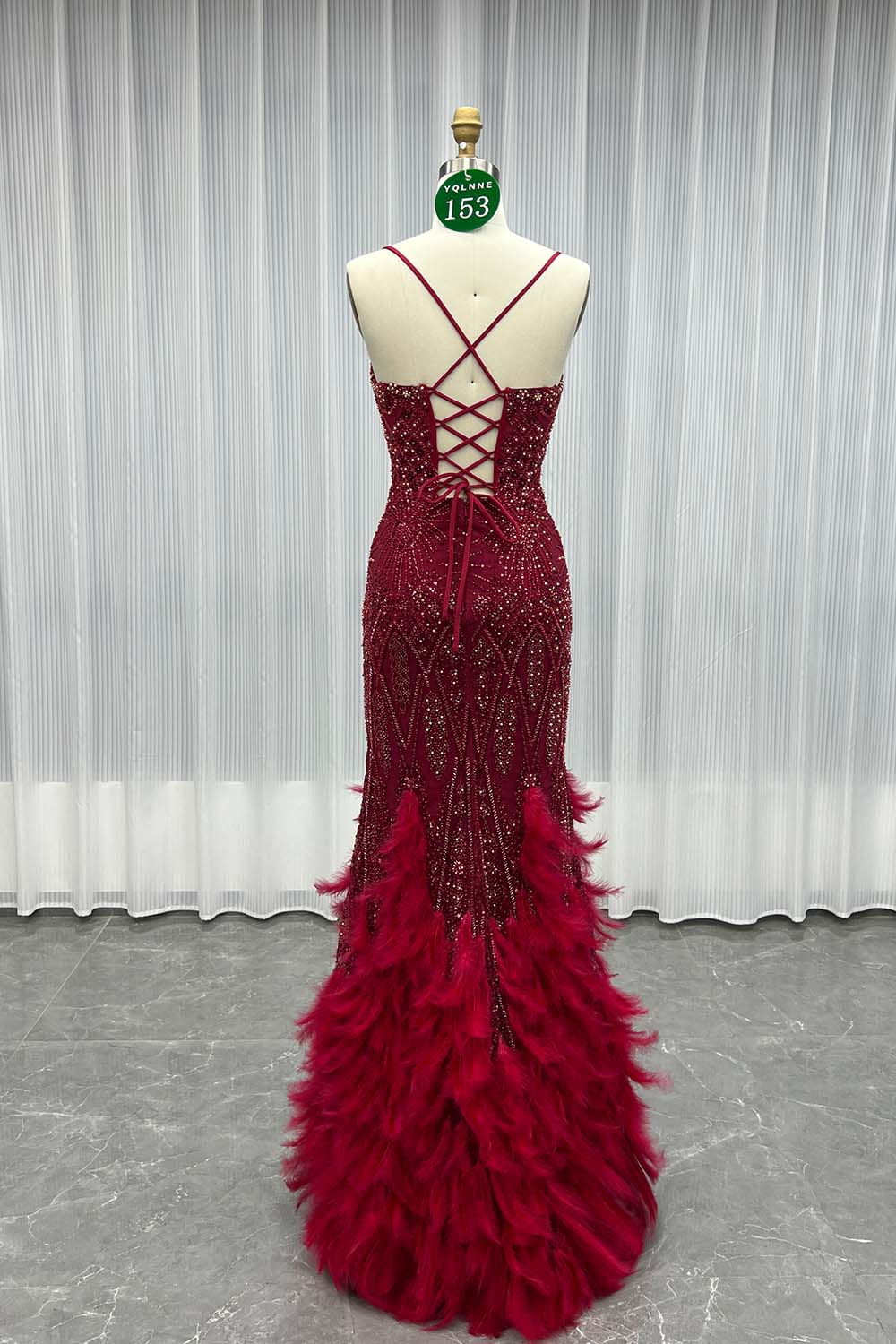 YQLNNE 0153 Burgundy Beading Feathers Evening Dress Long Mermaid Pageant Gown
