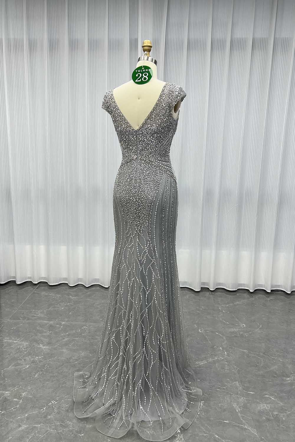 YQLNNE 028 Silver Crystals Beaded Evening Dress Mermaid Cap Sleeves