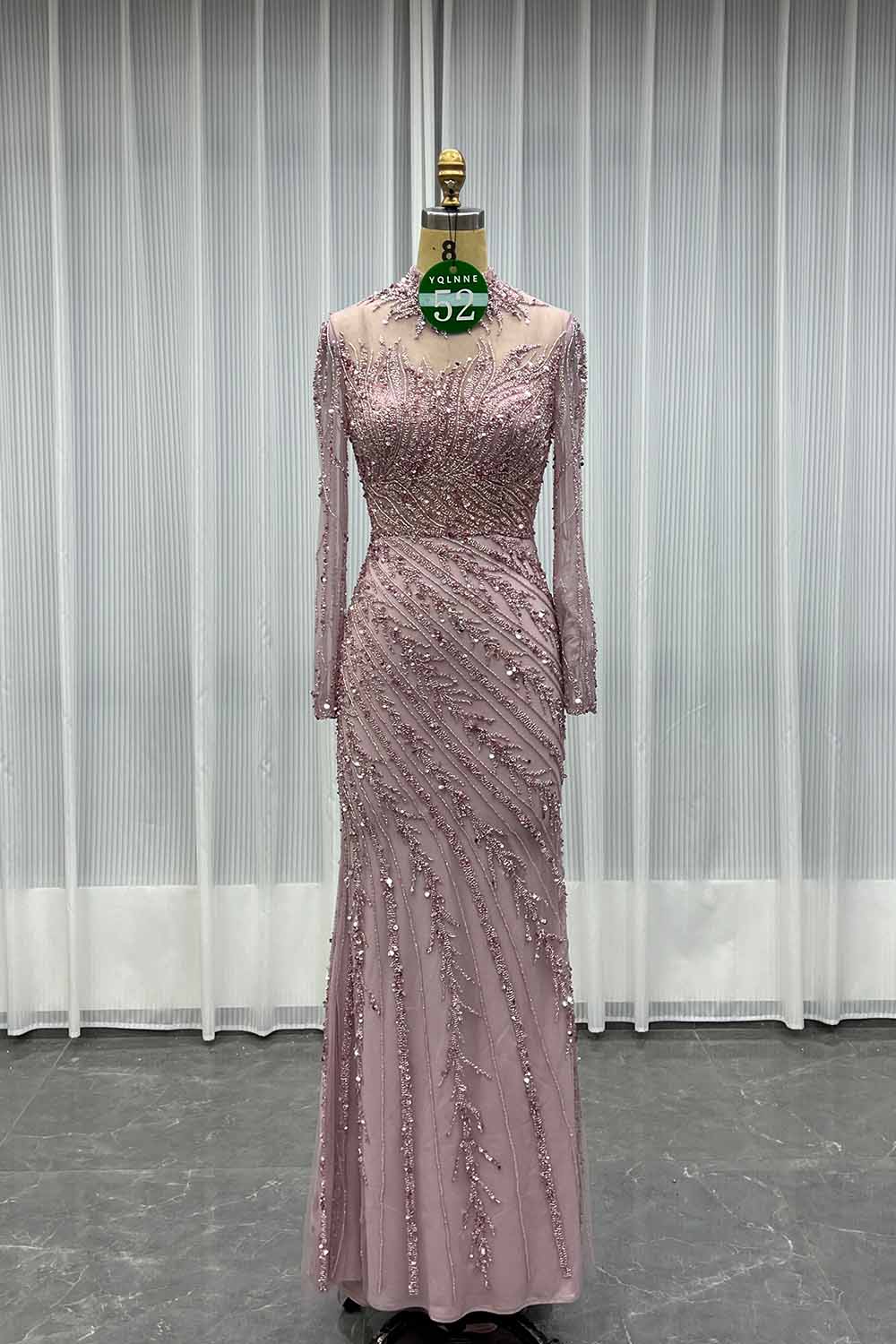 YQLNNE 052 Pink Long Sleeves Handmade Beaded Evening Dress With Removable Train