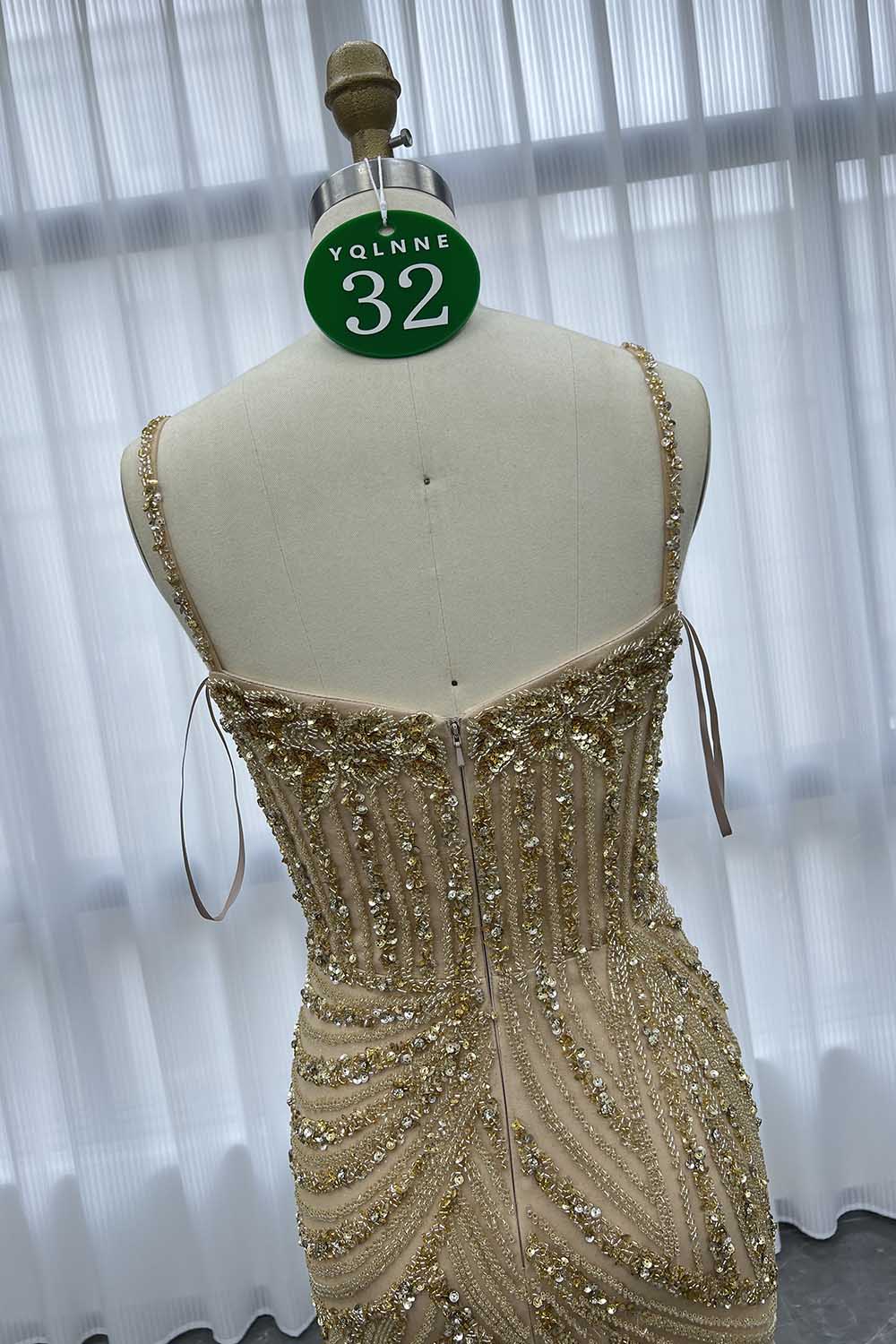 YQLNNE 032 Gold Long Evening Dress Mermaid Handmade Crystals Beaded