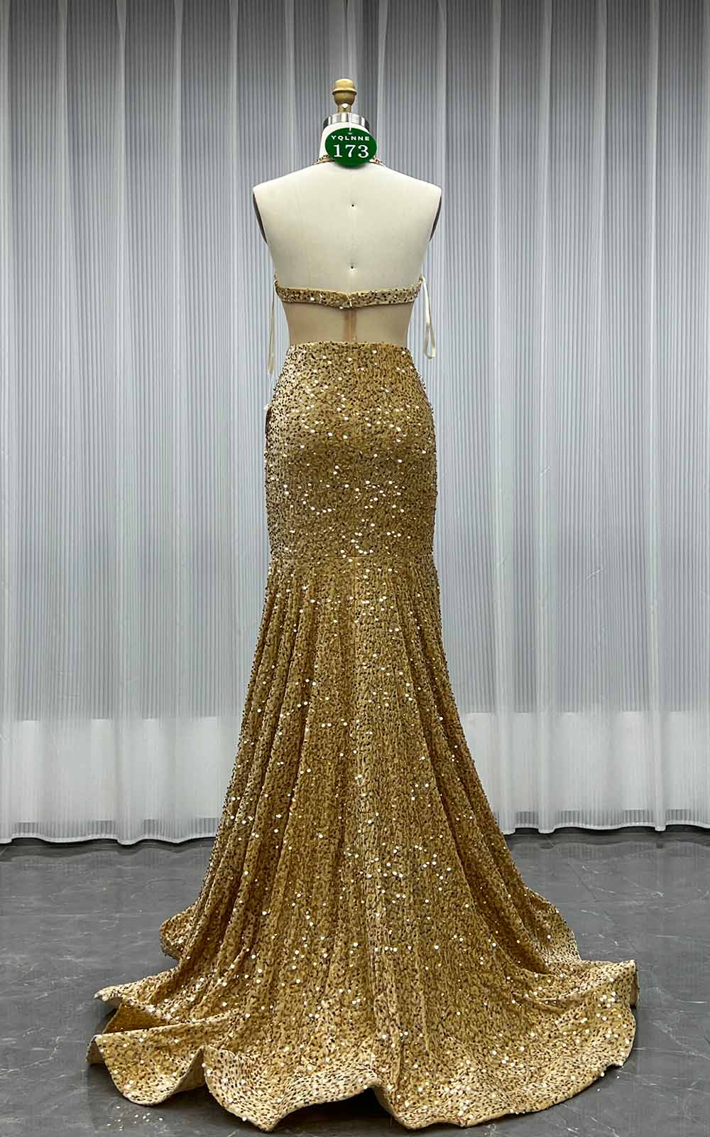 YQLNNE 0173 Gold Crystals Long Prom Dress Halter Sequined Formal Gown