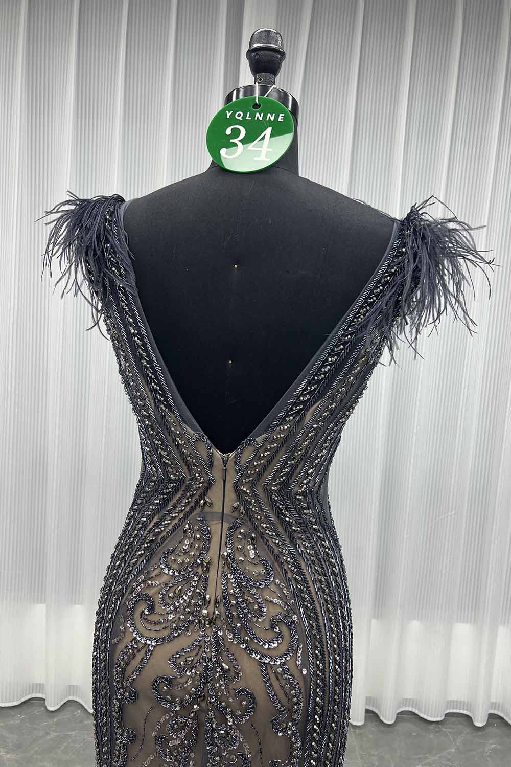 YQLNNE 034 Dark Gray Feathers Crystals Evening Dress Mermaid Pageant Gown