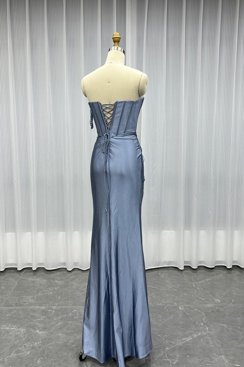 YQLNNE 095 Dusty Blue Strapless Satin Long Prom Dress Mermaid