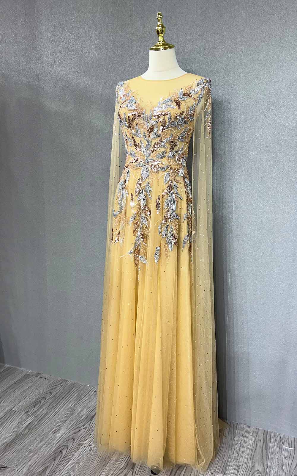 YQLNNE 069 Gold Crystals Beaded Evening Party Gown Handmade