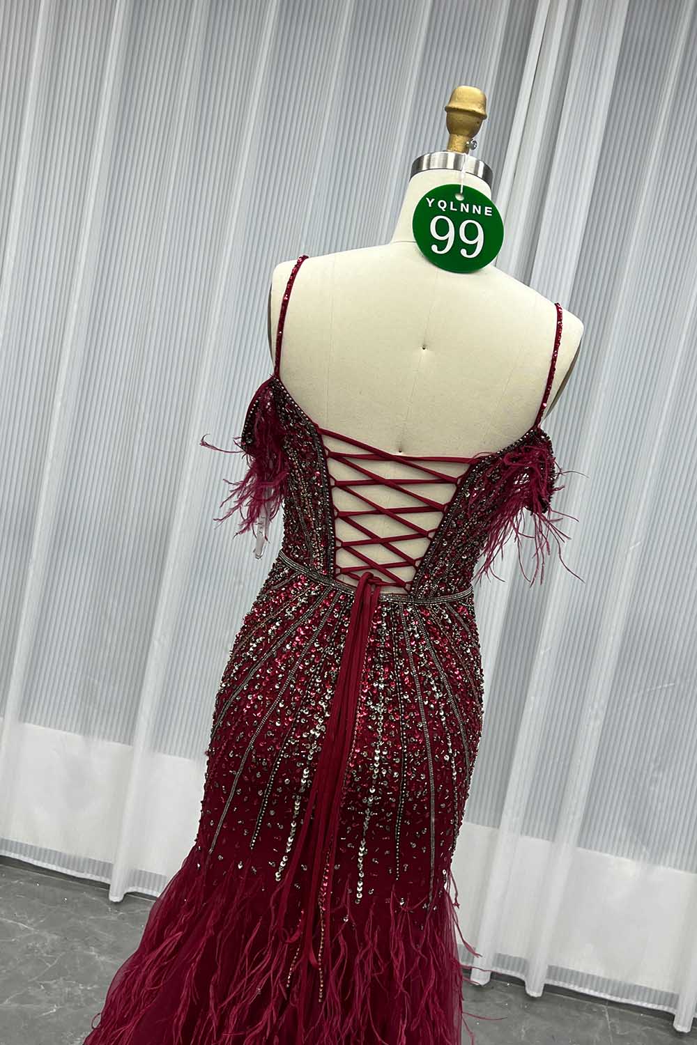 YQLNNE 099 Burgundy Feathers Crystals Mermaid Evening Dress Lace-up Back