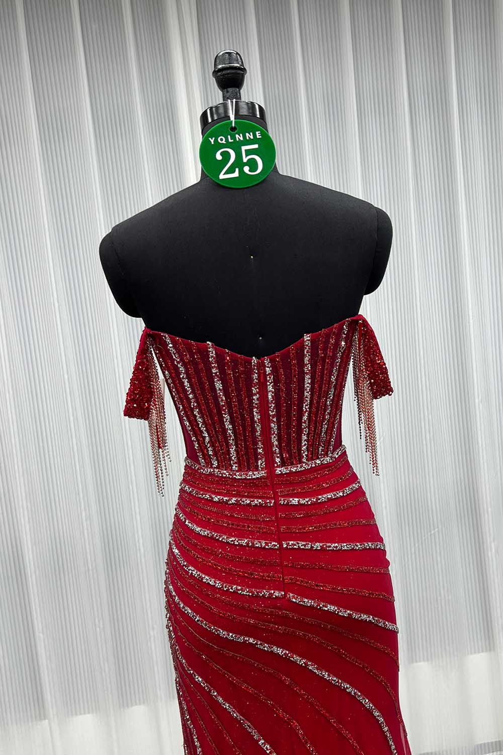 YQLNNE 025 Red Off Shoulder Crystals Beaded Prom Dress Long Evening Gown