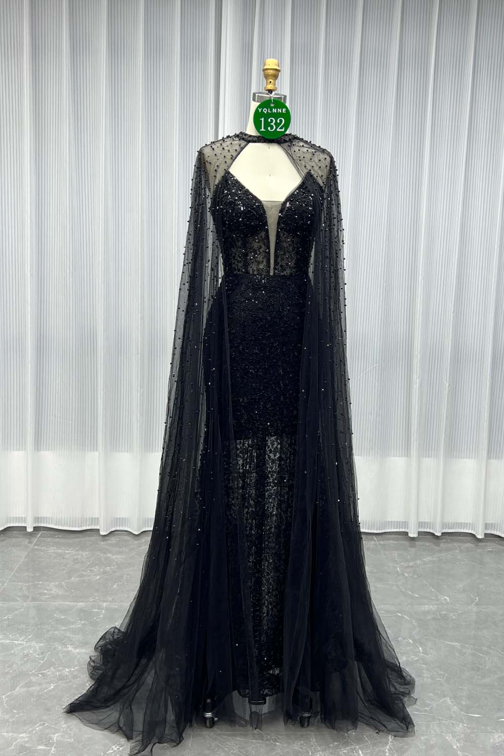 YQLNNE 0132 Black Strapless Beaded Evening Dress With Removable Shawl