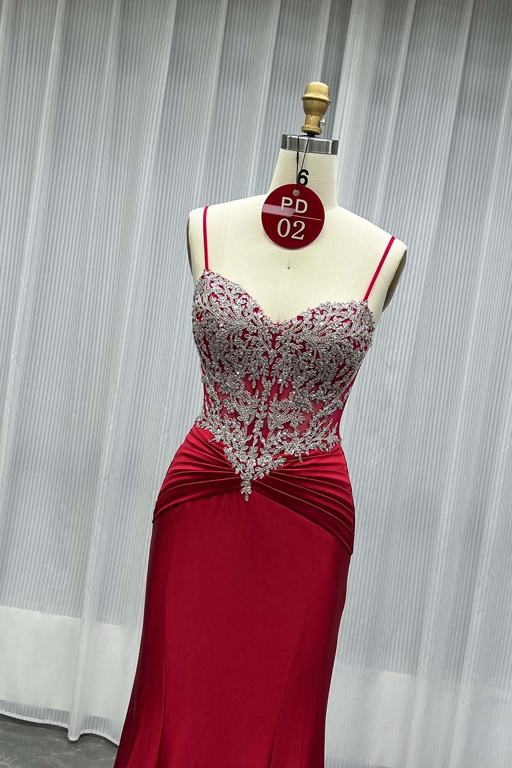 YQLNNE PD02 Red Satin Spaghetti Long Prom Dresses Mermaid