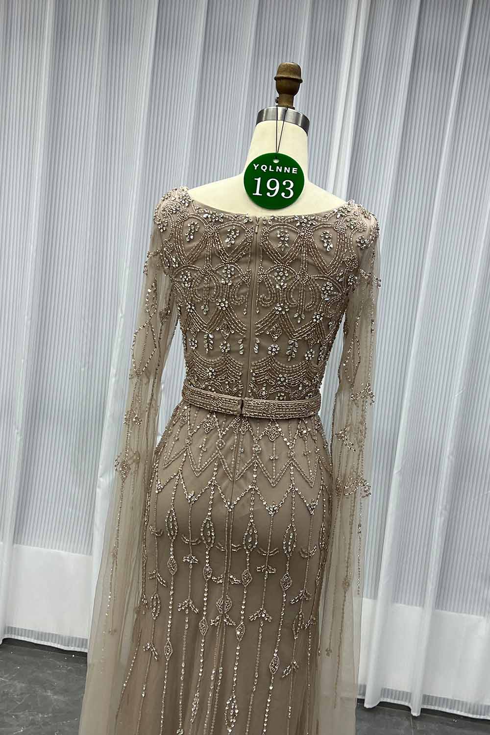 YQLNNE 0193 Modest Nude Square Collar Evening Dress With Handmade Crystals Beaded