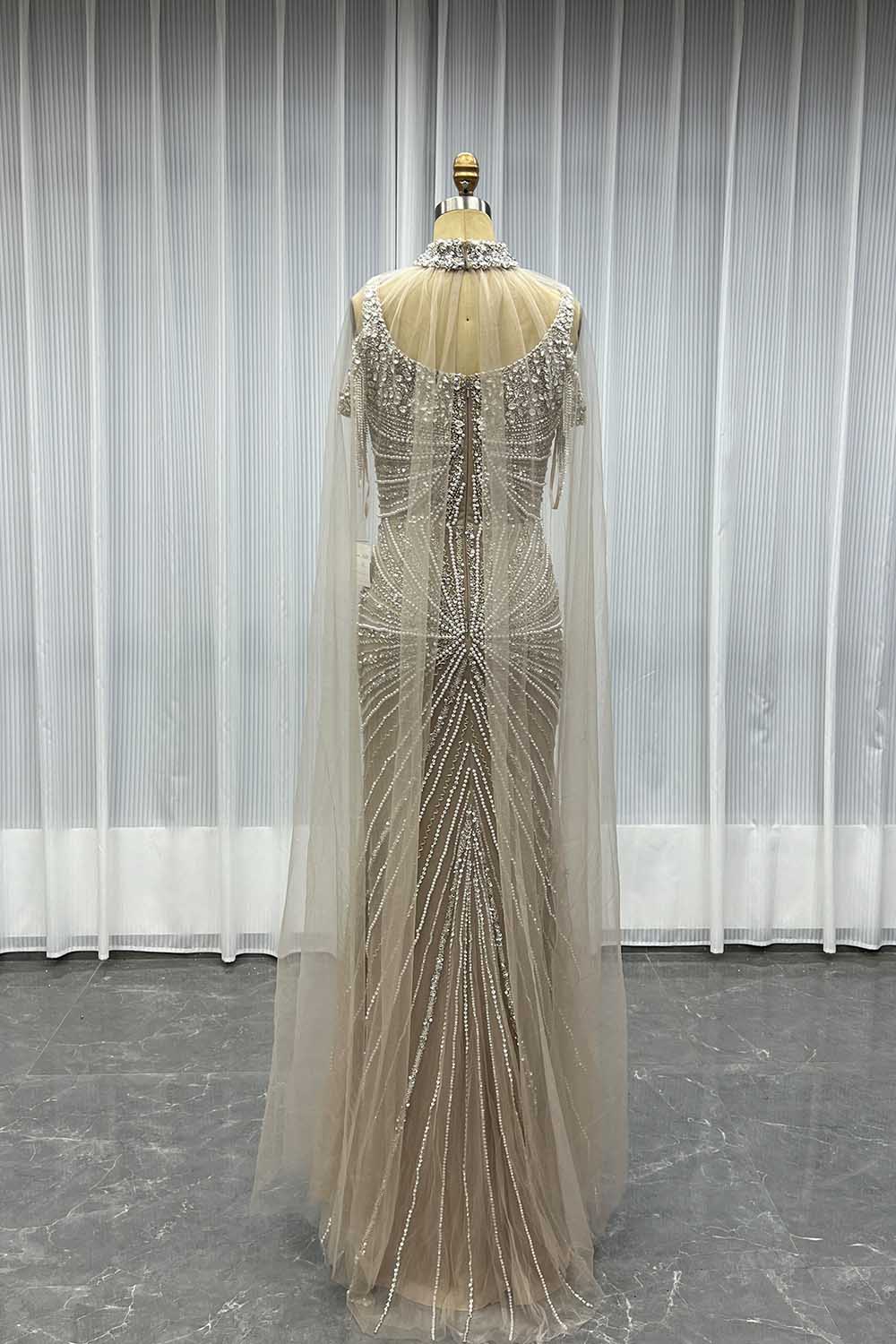 YQLNNE Mocha Crystals Evening Dress Mermaid With Necklace