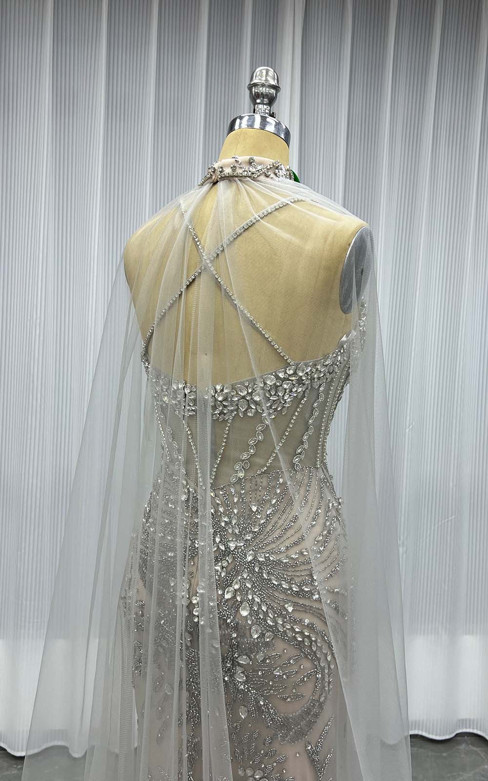 YQLNNE 066 Silver Nude Rhinestones Long Evening Dress Mermaid Party Dress With Cape