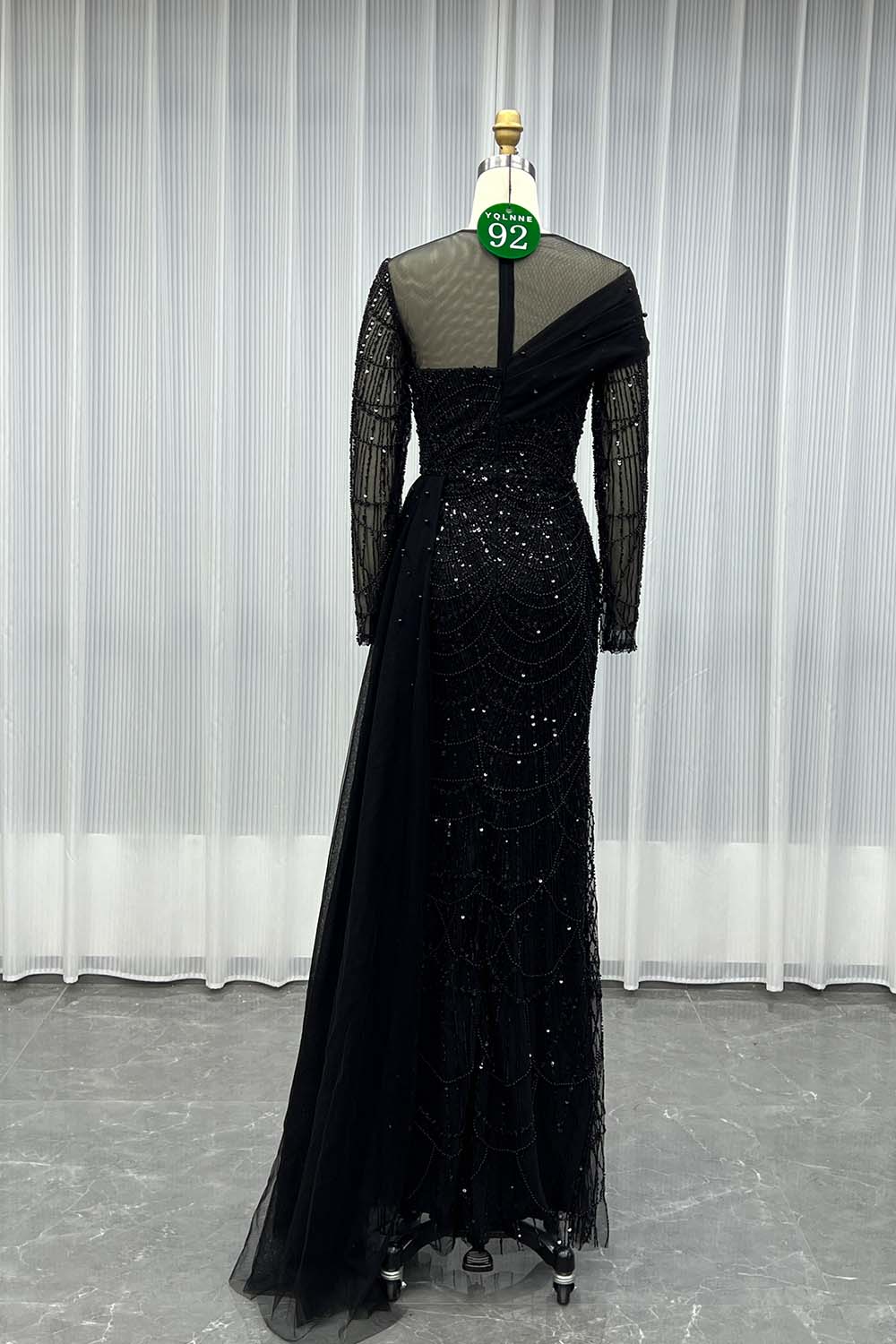 YQLNNE 092 Black Full Sleeves Beading Evening Dress