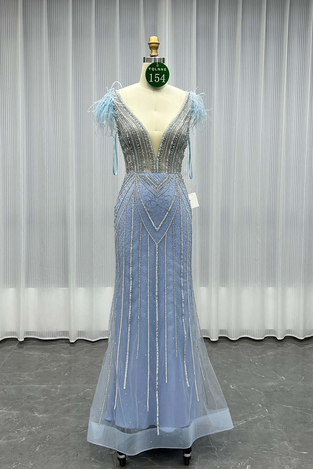 YQLNNE 0154 Sky Blue Rhinestones Long Prom Dresses Mermaid