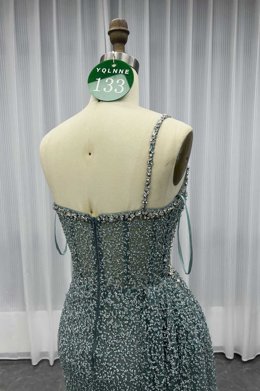 YQLNNE 0133 Sparkly Pine Green Crystals Evening Dress One Shoulder Long Glitter Prom Gown