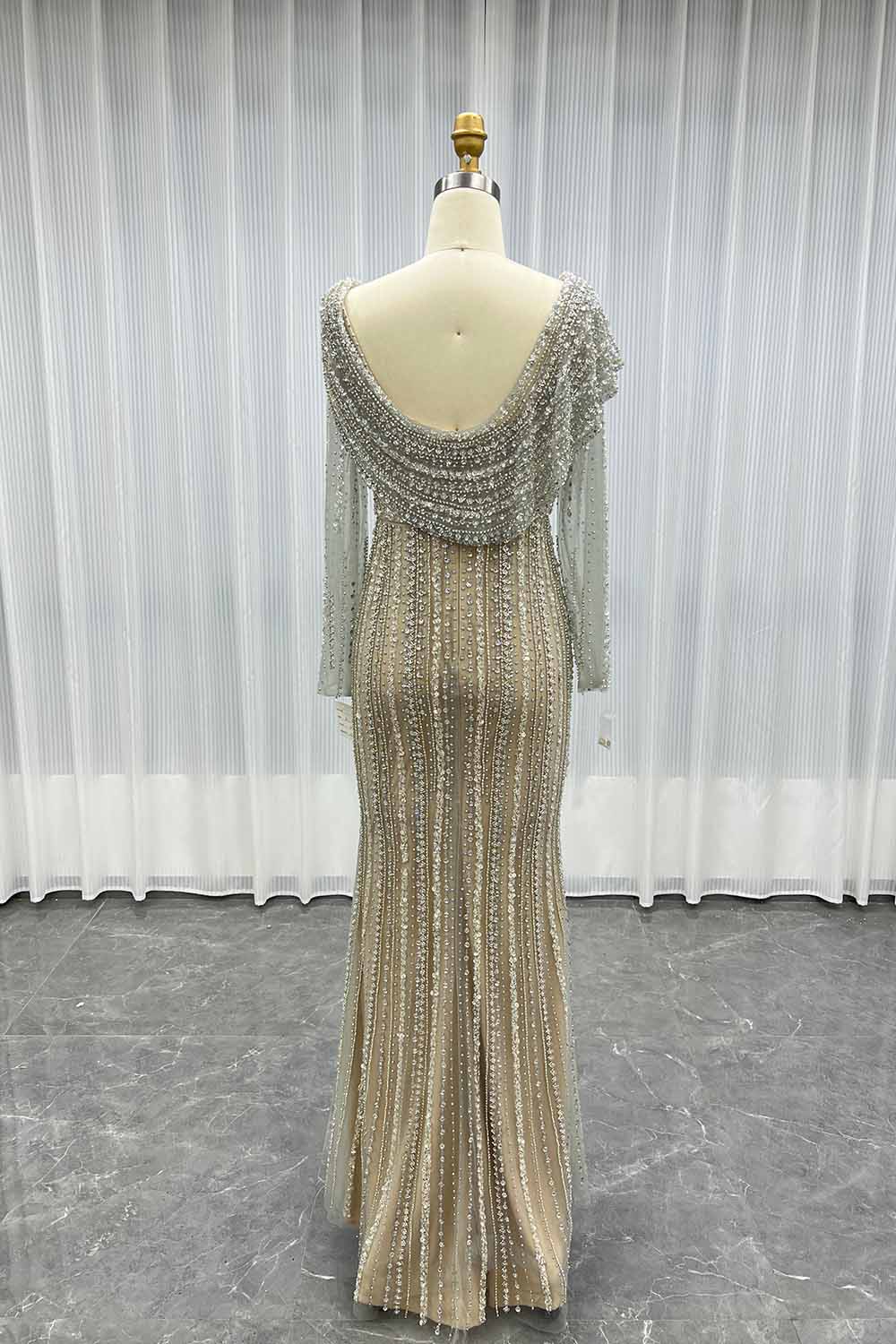 YQLNNE 0198 Silver Nude Crystals Evening Dresses Long Sleeves Gowns