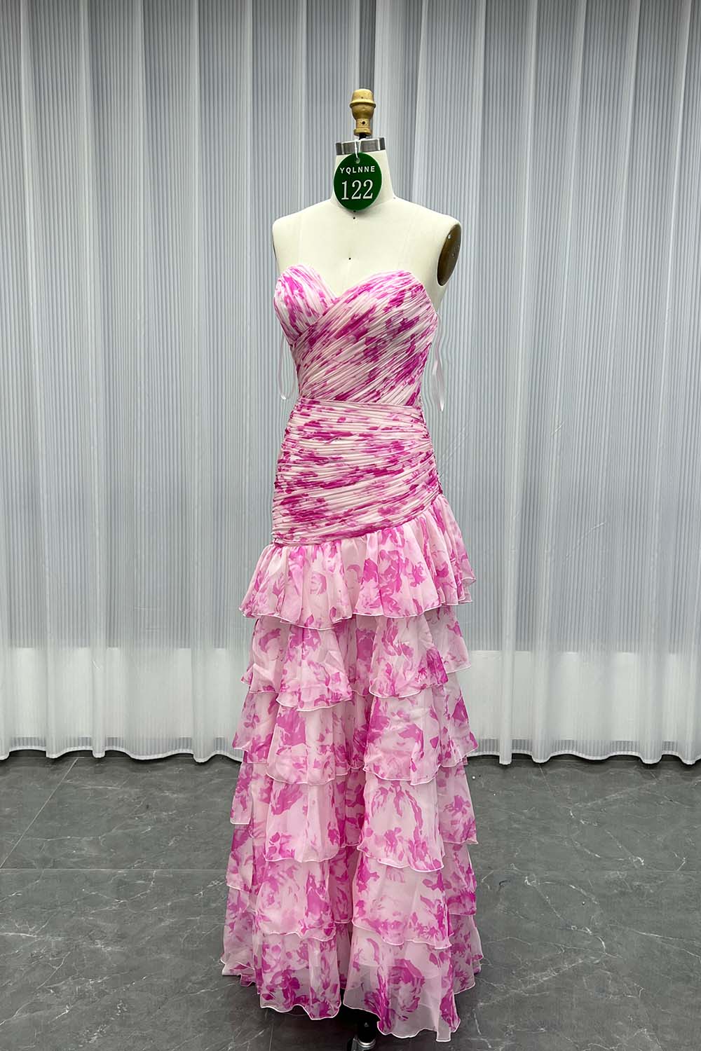 YQLNNE 0122 Pink Print Flowers Long Prom Dress Lace-up