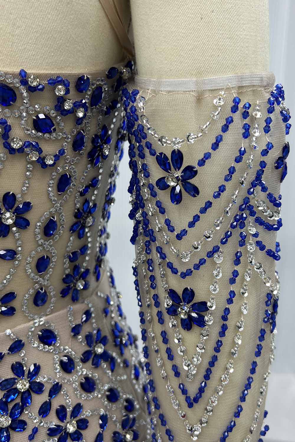 YQLNNE 0143 Blue Crystals Halter Evening Dress Mermaid Beaded Gown