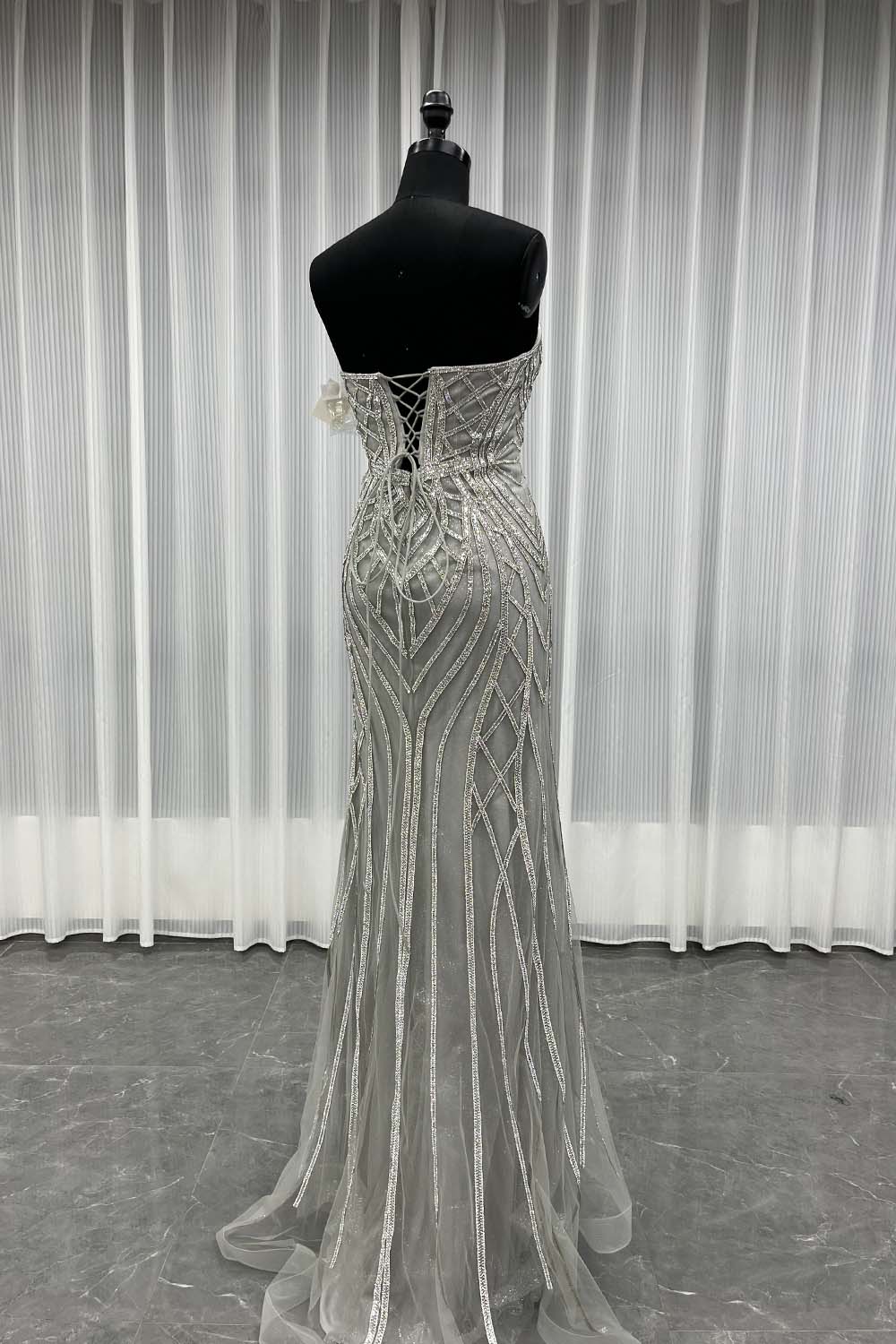 YQLNNE 0130 Black Strapless Crystal Evening Dress Long Mermaid Party Dress Lace-up Back