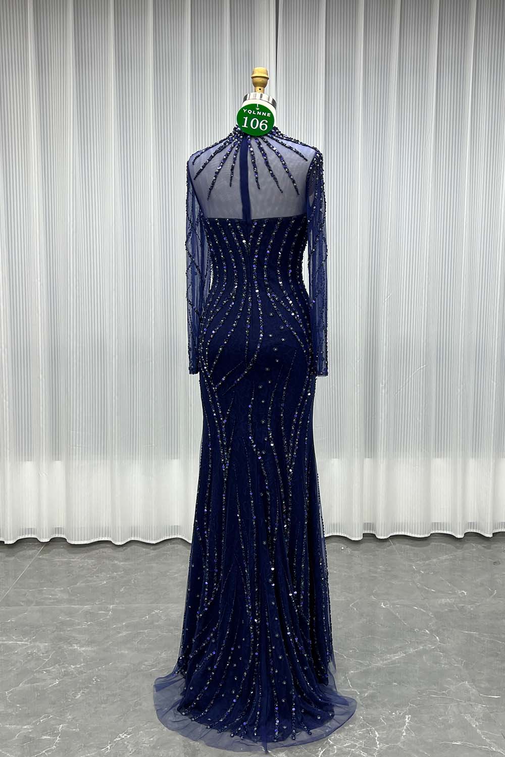 YQLNNE 0106 Modest Navy Long Sleeve Evening Dress Formal Party Gown