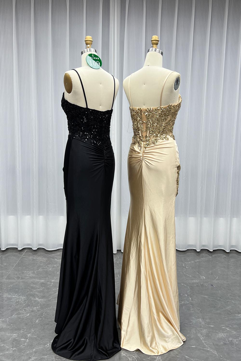 YQLNNE 0109 Gold Long Slit Prom Dress With Beadings