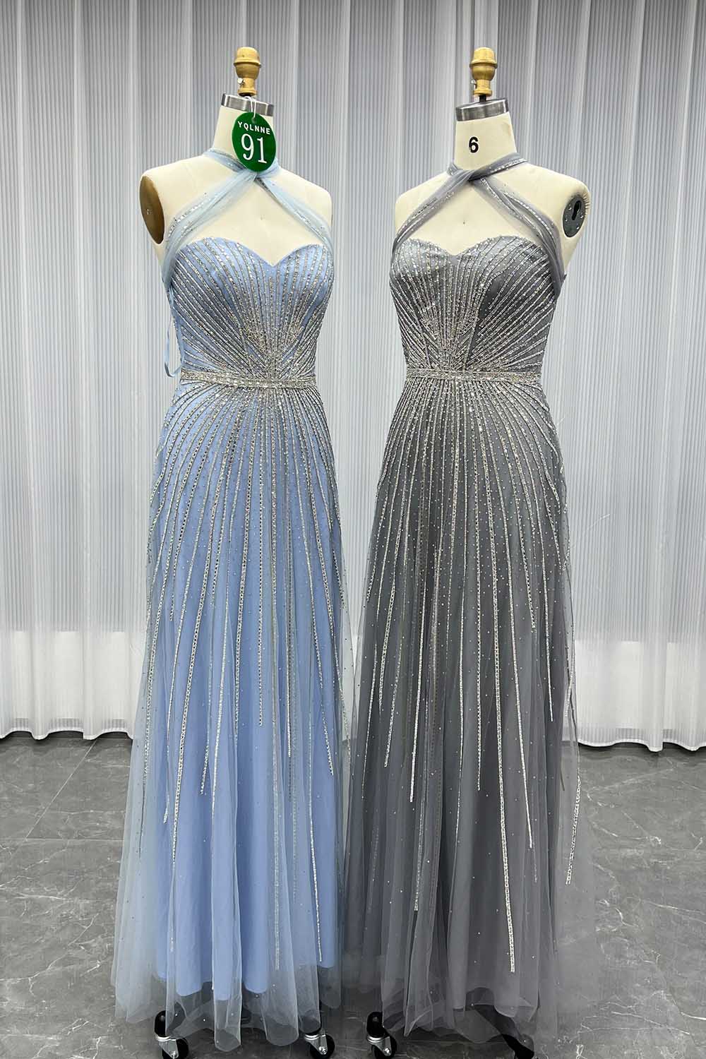 YQLNNE 091 Blue Crystals Long Prom Dress Halter