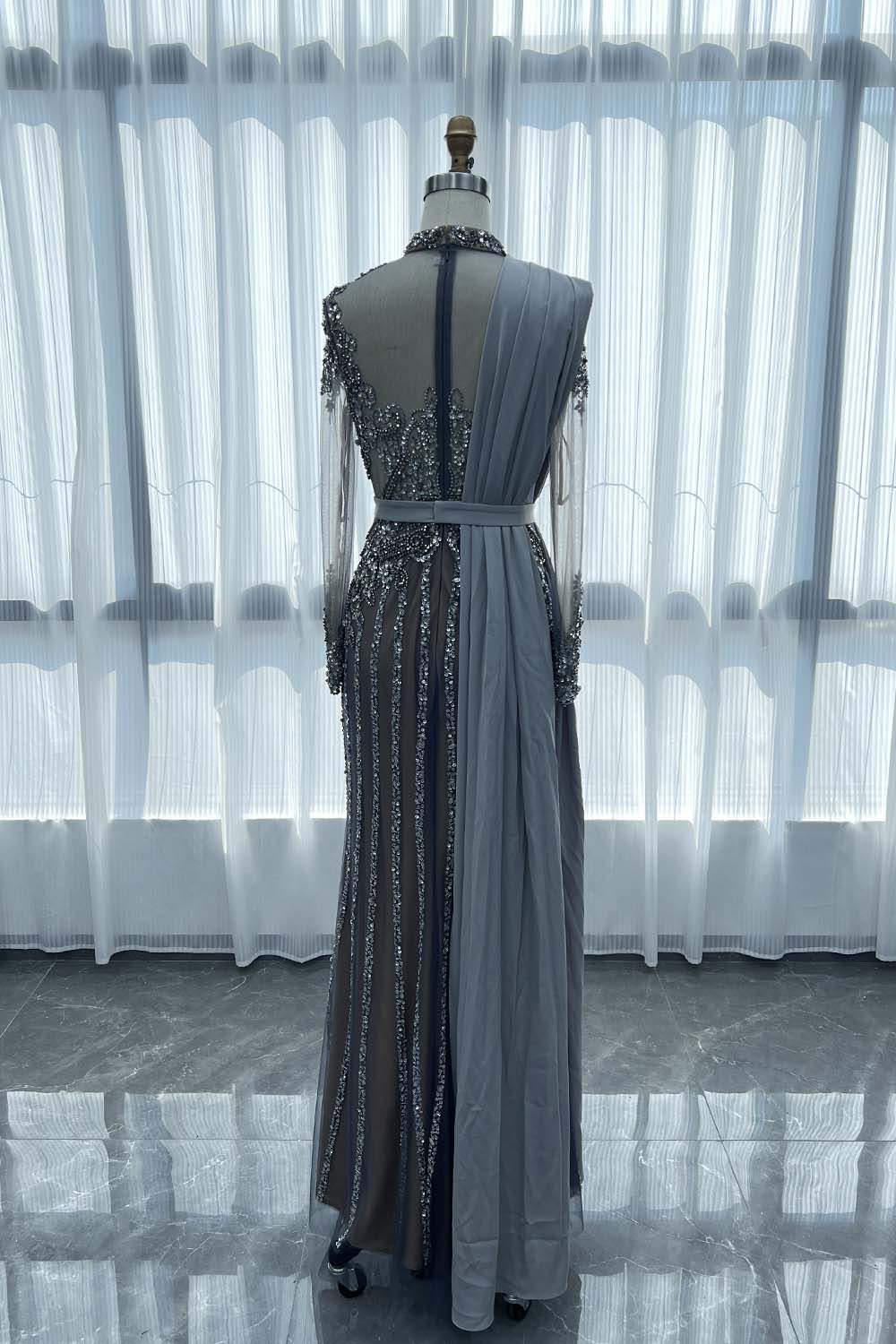 YQLNNE 089 Gray Long Sleeves Evening Dress Handmade Crystals Beaded Formal Gown