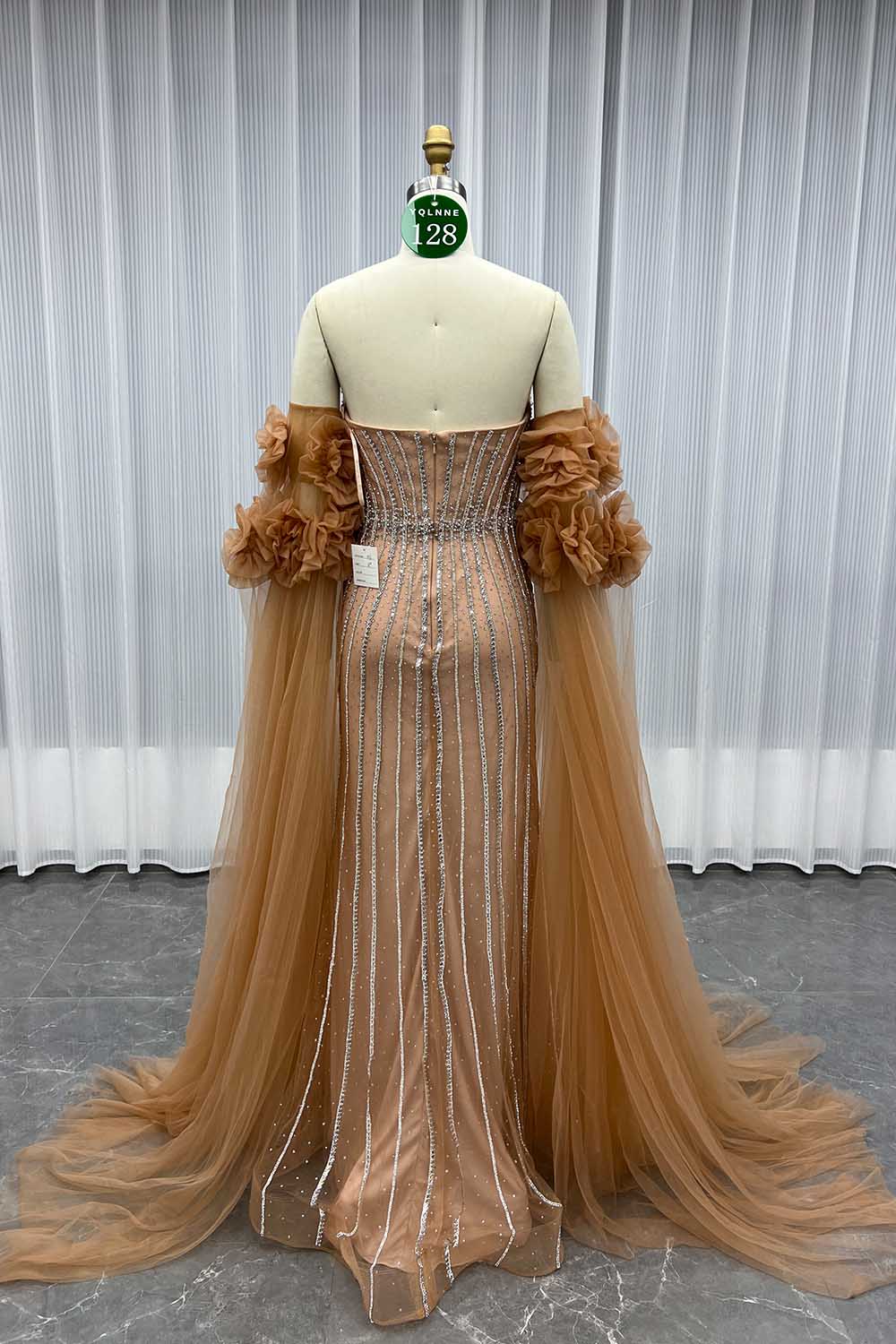 YQLNNE 0128 Luxury Orange Crystals Evening Party Gown With Removable Tulle Sleeves