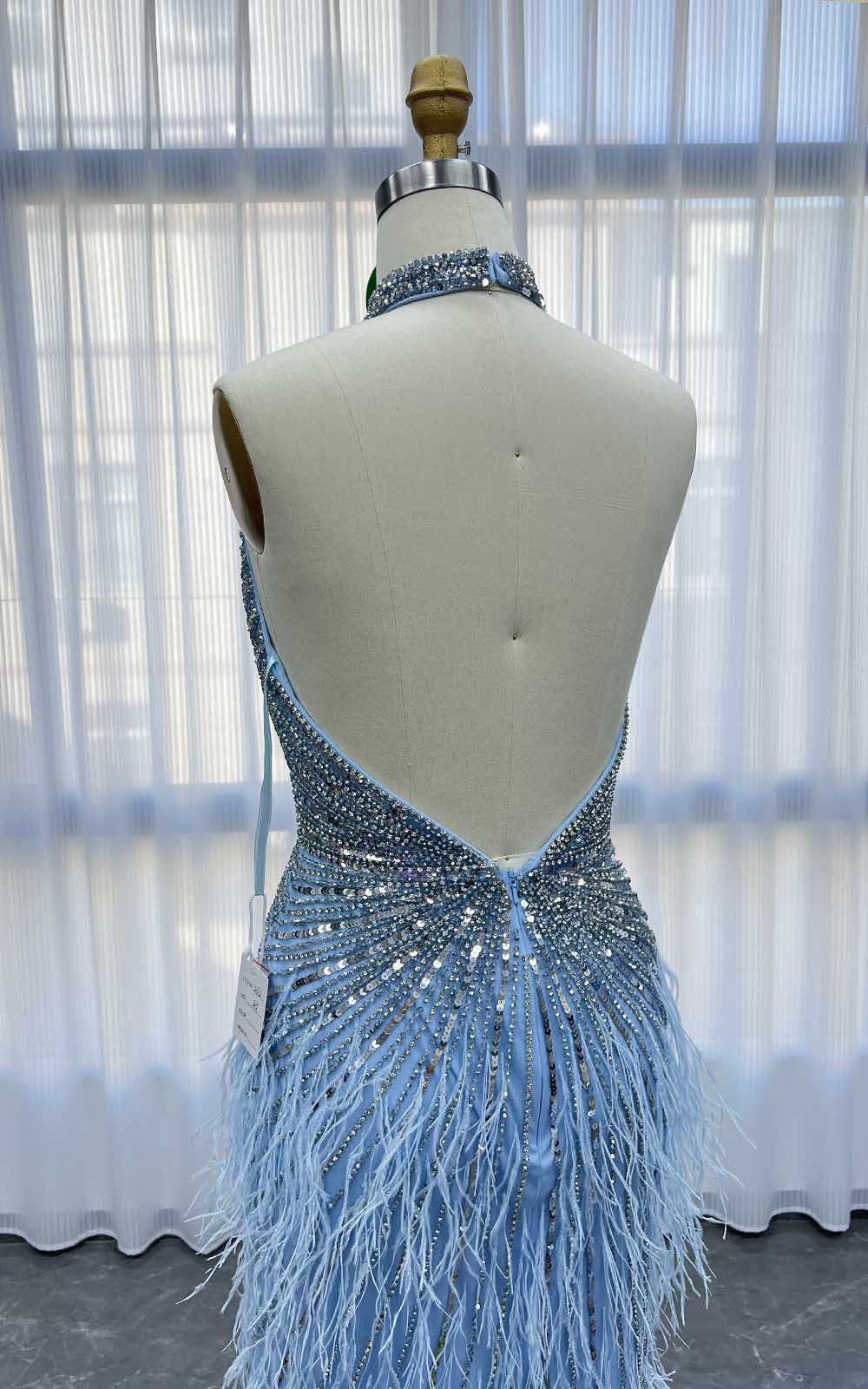 YQLNNE 031 Sky Blue Feathers Crystals Evening Dress Halter